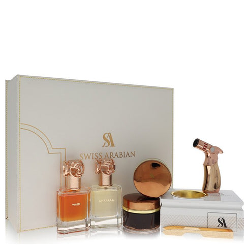 Swiss-Arabian-Bakhoor-Dukhoon-Al-Haram-by-Swiss-Arabian-For-Men Gift Set Gift Set contains 2 x 1.7 oz Eau De Parfum in Wajd & Gharaam + 2 x 60 grams of Incense in Dukhoon Al Haram & Oud Muattar Mumtaz