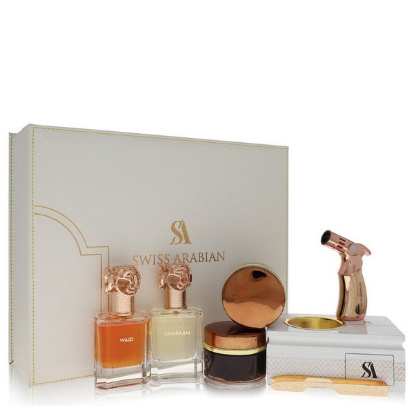 Swiss-Arabian-Bakhoor-Dukhoon-Al-Haram-by-Swiss-Arabian-For-Men Gift Set Gift Set contains 2 x 1.7 oz Eau De Parfum in Wajd & Gharaam + 2 x 60 grams of Incense in Dukhoon Al Haram & Oud Muattar Mumtaz